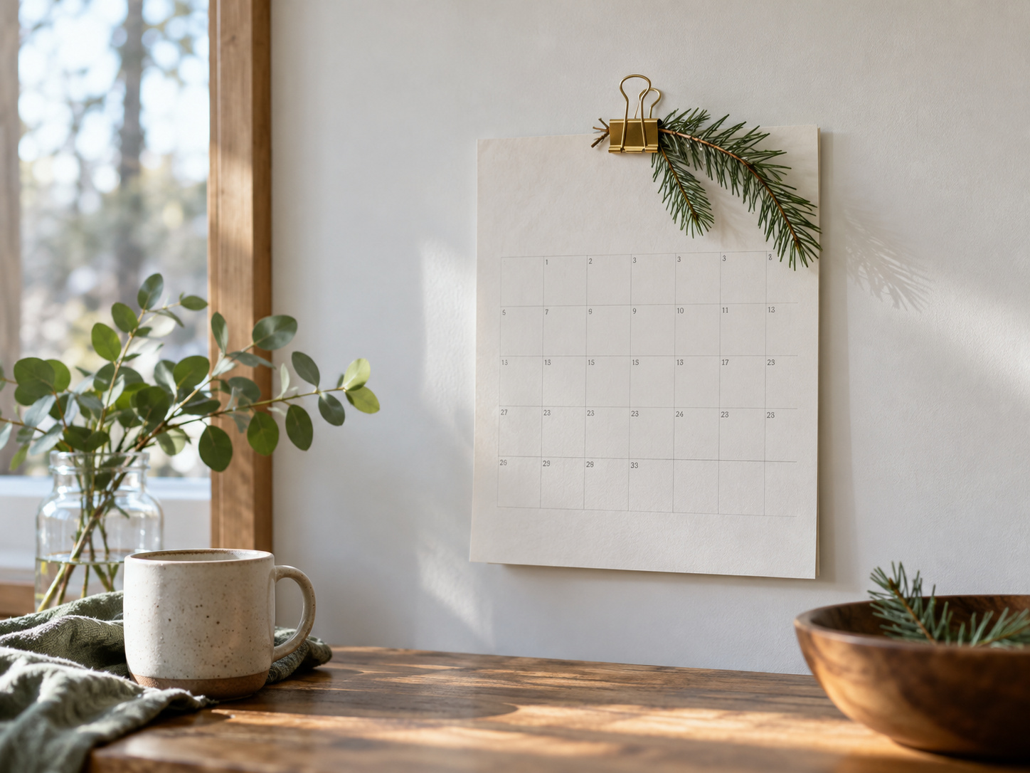 A wall calendar with a sprig of pine