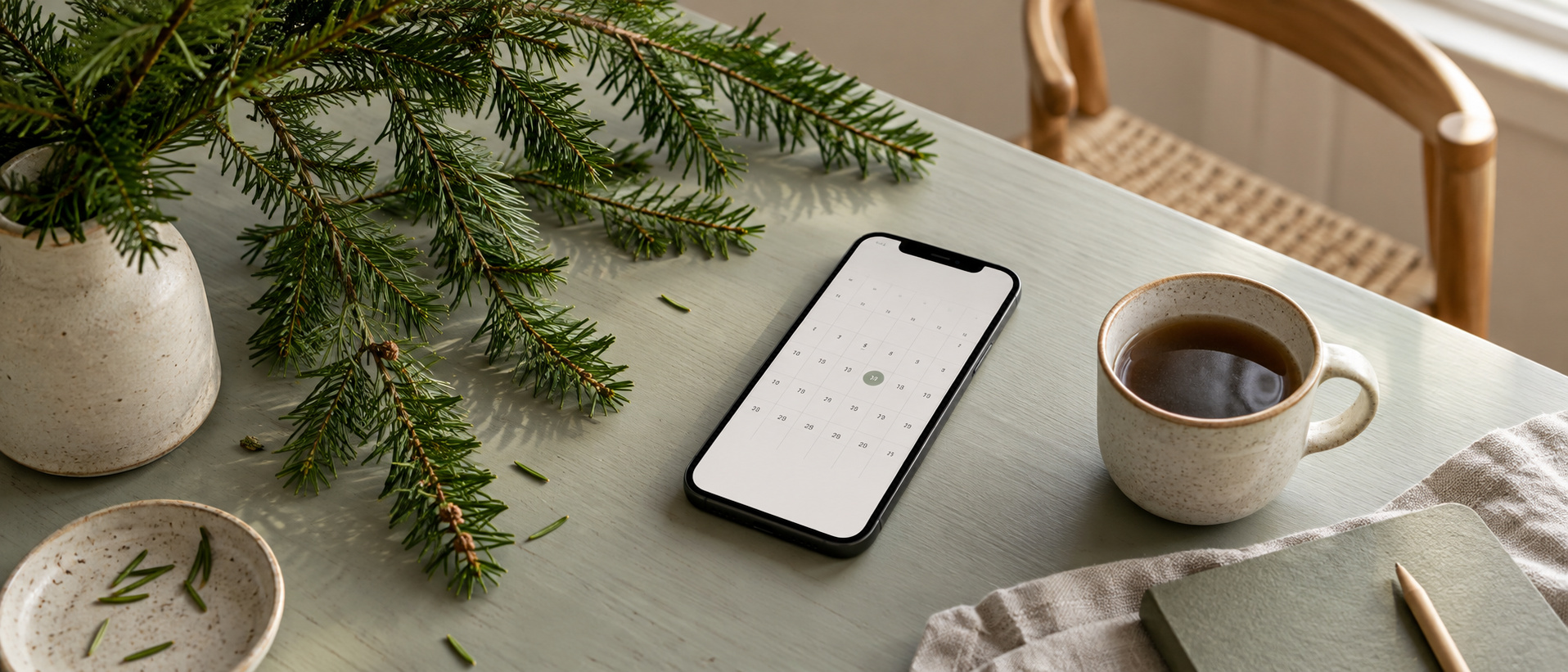 Evergreen branches beside a phone calendar