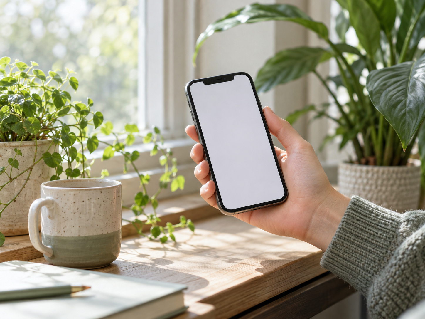A hand holding a phone near green plants